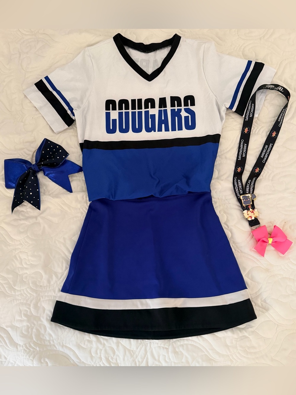 Authentic Cougars Cheerleader Uniform Set - Top, Skirt, Bow & Lanyard (Size M) 💙